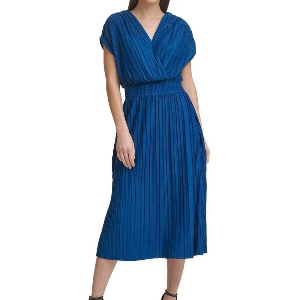 DKNY Pleated Cobalt Blue V-Neck Midi Dress